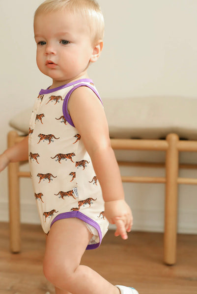 Purple Tiger Bamboo Henley Onsie with snaps