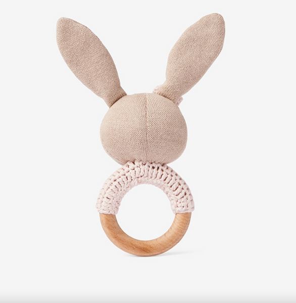 Knit Bunny Wooden Baby Rattle