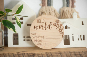 Wood Baby Birth Announcement Sign - hello world